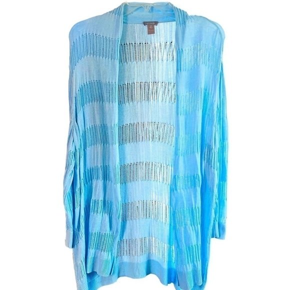 Chicos Light Blue Pointell Knit Open Front Cardigan Sweater Lightweight 2/Large - Picture 2 of 11